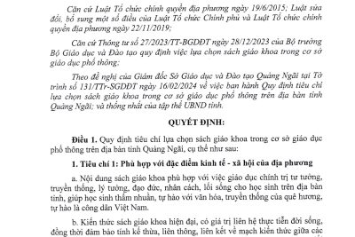Quyết định về việc quy định tiêu chí lựa chọn sách giáo khoa trong cơ sở giáo dục phổ thông trên địa bàn tỉnh Quảng Ngãi