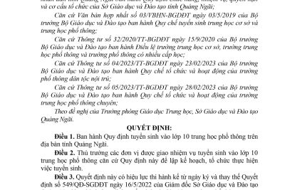 Quyết định ban hành Quy định tuyển sinh vào lớp 10 trung học phổ thông