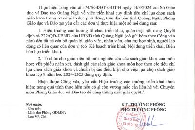 Công văn triển khai quy định tiêu chí lựa chọn sách giáo khoa trong cơ sở giáo dục phổ thông trên địa bàn thị xã Đức Phổ